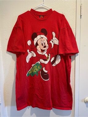 VINTAGE 90s Disney Mickey Mouse Christmas Shirt XL Single Stitch Red Retro 🔥